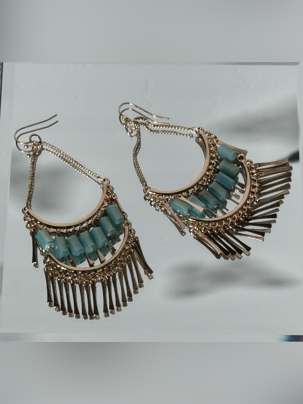 Boho Statement Fringe Earrings Gold Tone Turquoise Blue Beaded Dangle Earrings
